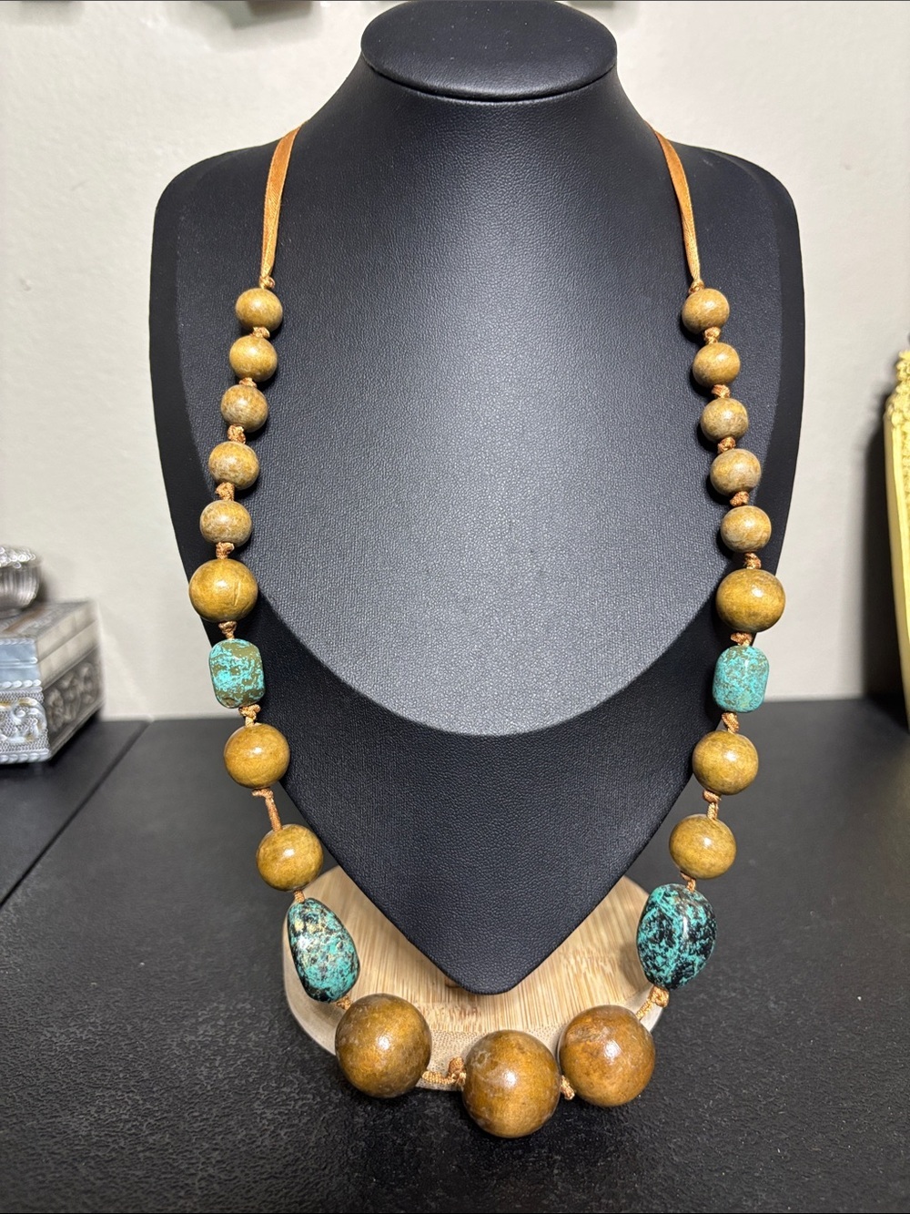 Handmade Boho Western Brown Wood Turquoise Beaded Ribbon Necklace